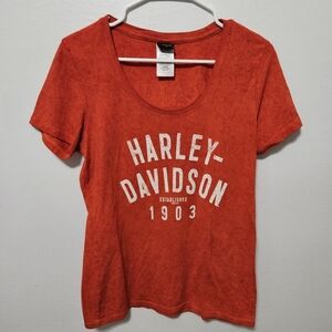Harley Davidson Cajun Womens M Tee Scoop Neck Red Graphic Cap Sleeve Moto USA